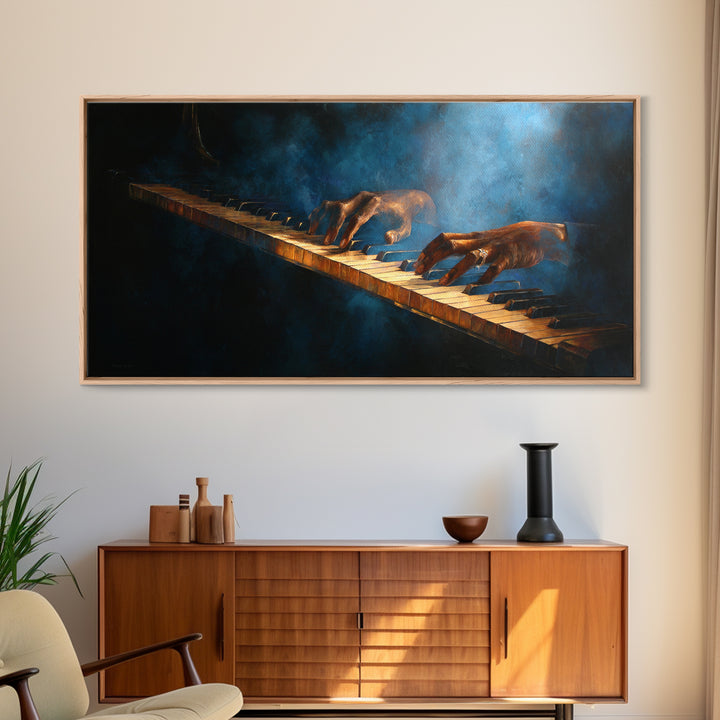 Piano Keys with Hands in Cinematic Shadow Framed Canvas Print, Music Studio Art, Trendy Wall Art, Studio Decor, Rhythm, MSA-2x1-97