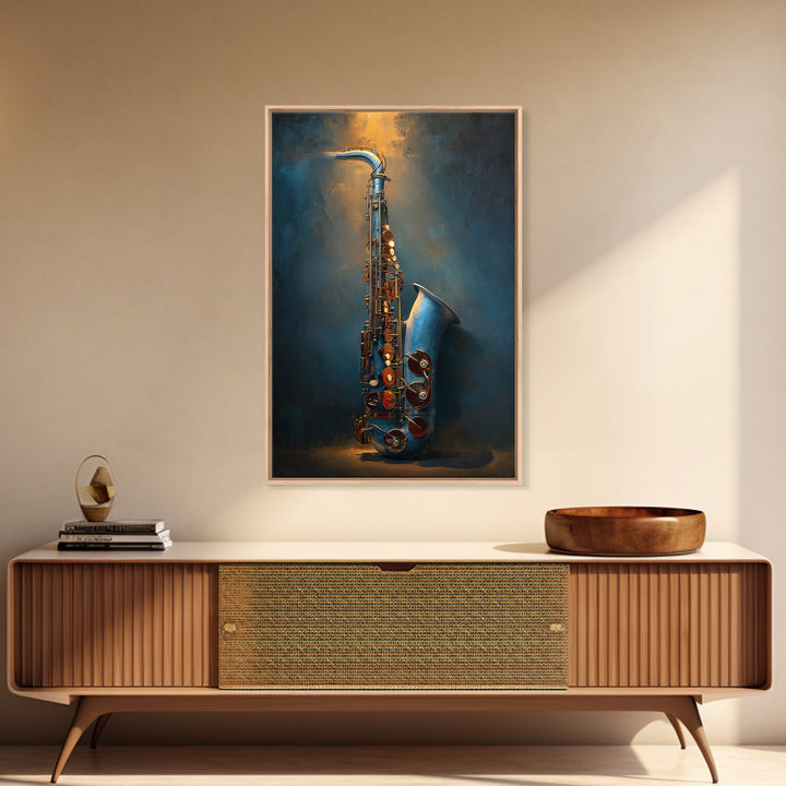 Jazz Saxophone with Smoky Blue Background Canvas Print, Music Studio Art, Luxury Decor, Studio Decor, Fine Art, Rhythm, MSA-2x3-10