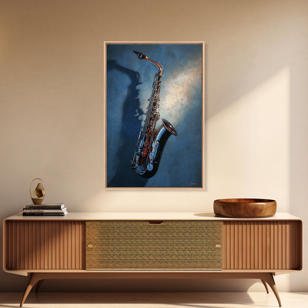 Jazz Saxophone with Smoky Blue Background Framed Canvas Print, Music Studio Art, Contemporary Art, Studio Decor, Rhythm, MSA-2x3-34