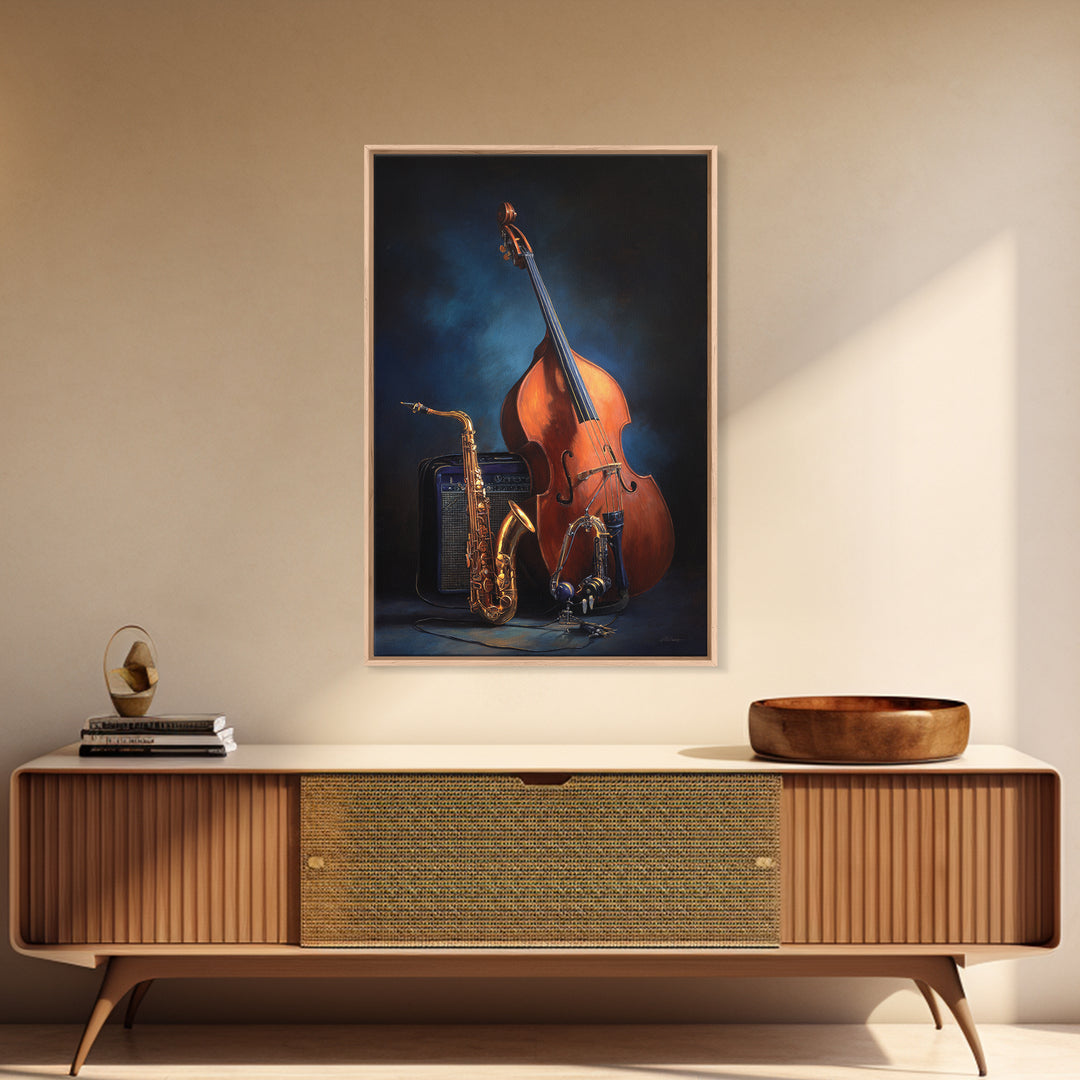 Cello Leaning Against Dark Velvet Backdrop Framed Canvas Print, Music Studio Art, Studio Decor, Abstract Art, Rhythm, MSA-2x3-41