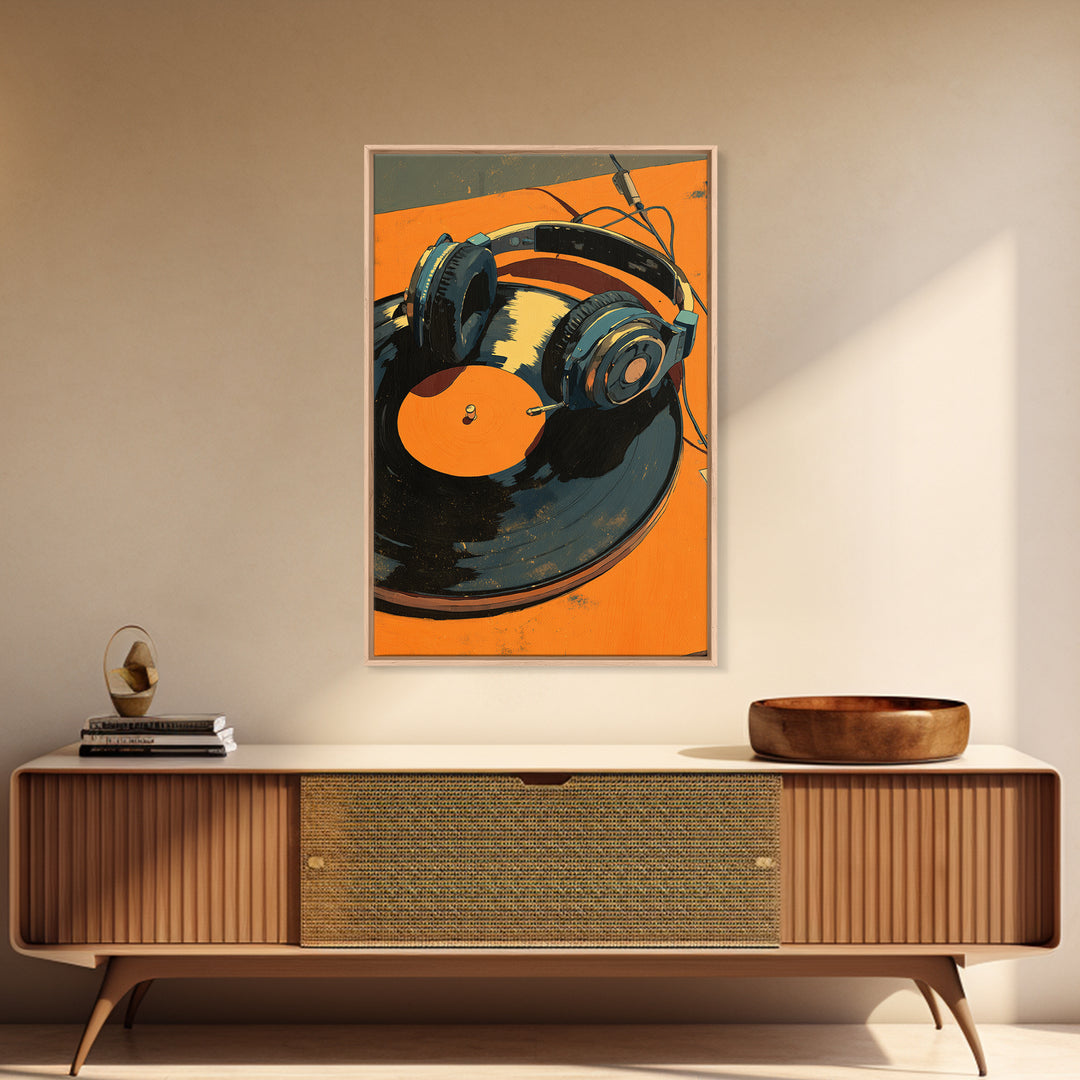 Headphones Around a Glowing Record Framed Canvas Print, Music Studio Art, Contemporary Art, Studio Decor, Fine Art, Rhythm, MSA-2x3-43