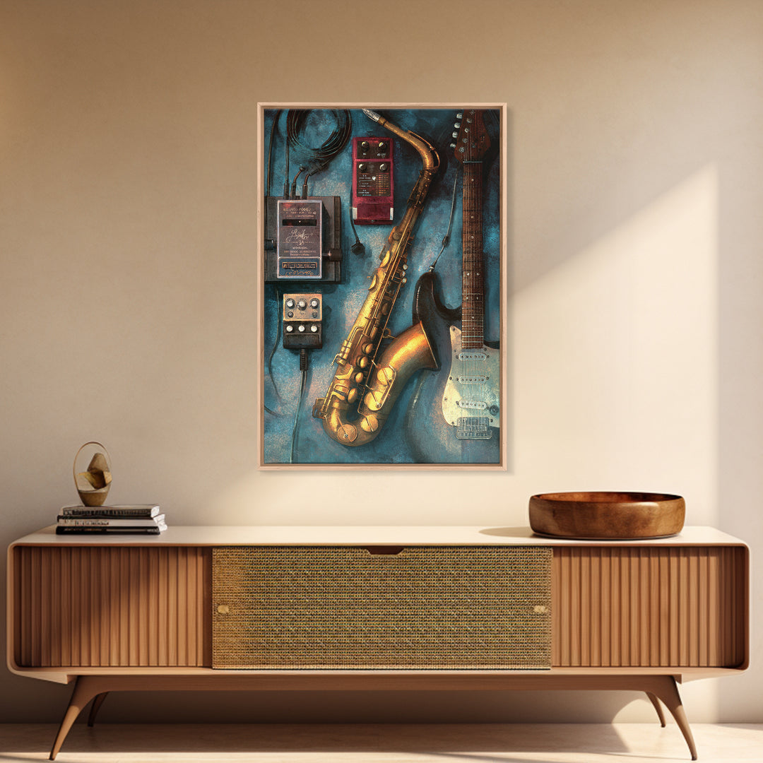Electric Guitar Pedals and Cables Graphic Art Canvas Print, Music Studio Art, Digital Wall Art, Studio Decor, Rhythm, MSA-2x3-53