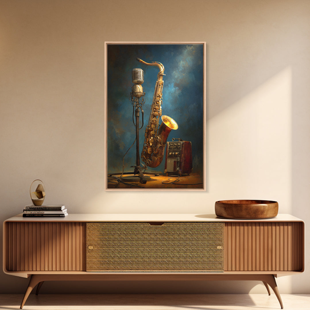 Microphone Portrait with Golden Spotlight Framed Canvas Print, Music Studio Art, Printable Wall Art, Studio Decor, Rhythm, MSA-2x3-63