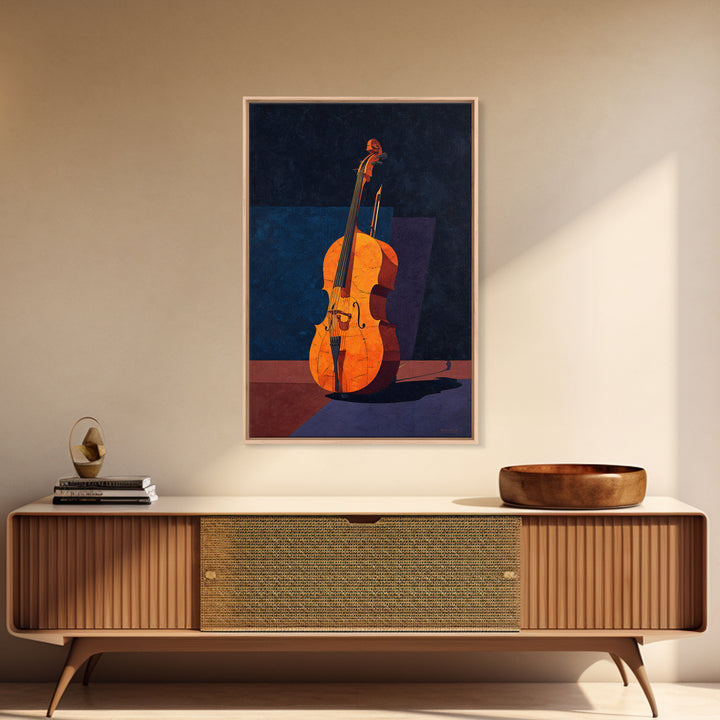 Cello Leaning Against Dark Velvet Backdrop Canvas Print, Music Studio Art, Modern Wall Art, Studio Decor, Fine Art, Rhythm, MSA-2x3-65