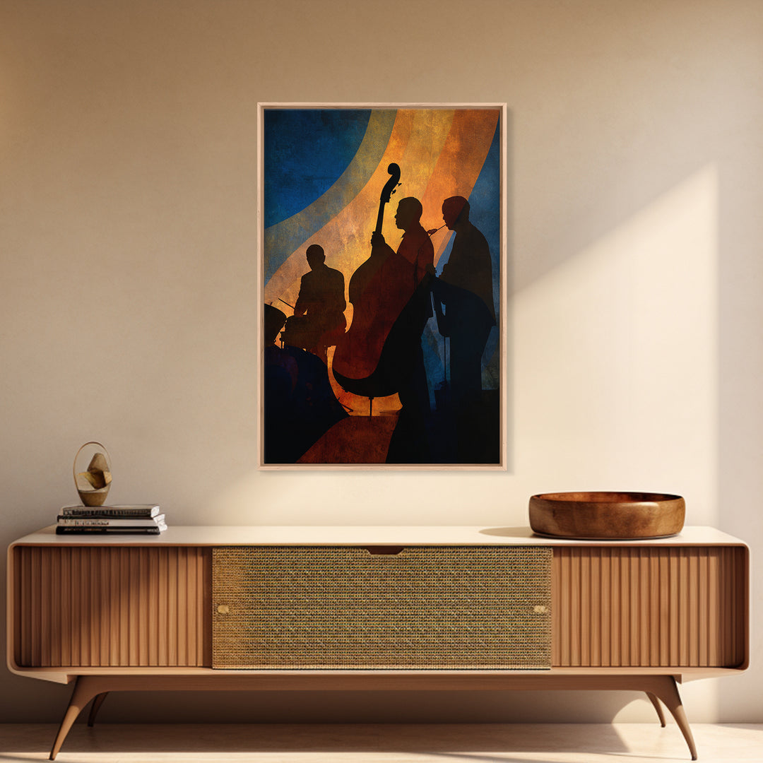Jazz Quartet Silhouettes Framed Canvas Print, Music Studio Art, Printable Wall Art, Studio Decor, Rhythm, Painting from Photo, MSA-2x3-78