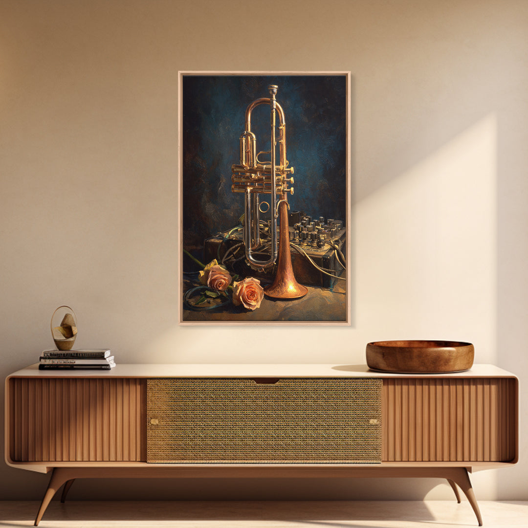 Trumpet and Roses Framed Canvas Print, Music Studio Art, Digital Wall Art, Studio Decor, Fine Art, Rhythm, Commission Painting, MSA-2x3-88