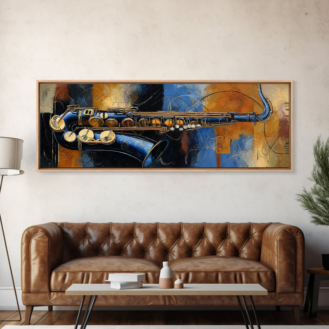 Jazz Saxophone with Smoky Blue Background Framed Canvas Print, Music Studio Art, Custom Painting, Studio Decor, Rhythm, MSA-3x1-18