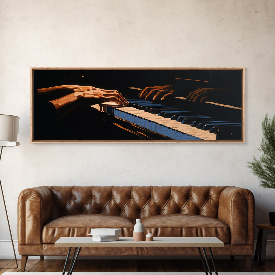 Piano Keys with Hands in Cinematic Shadow Canvas Print, Music Studio Art, Watercolor Print, Studio Decor, Fine Art, Rhythm, MSA-3x1-21