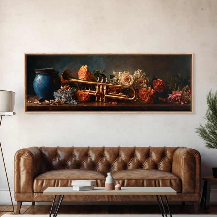 Trumpet and Roses Canvas Print, Music Studio Art, Music Gift, Studio Decor, Fine Art, Rhythm, Room Decor, Textured Painting, MSA-3x1-24