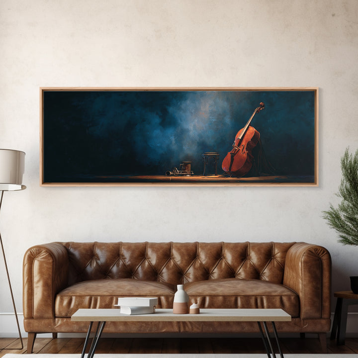 Cello Leaning Against Dark Velvet Backdrop Canvas Print, Music Studio Art, Commission Painting, Studio Decor, Abstract Art, MSA-3x1-25