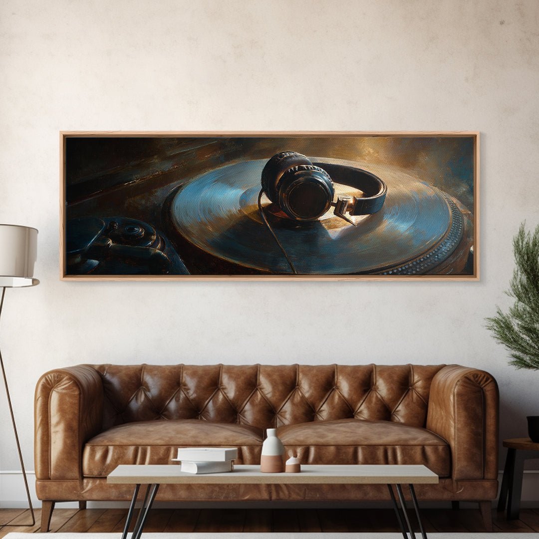Headphones Around a Glowing Record Canvas Print, Music Studio Art, Gallery Decor, Studio Decor, Fine Art, Rhythm, MSA-3x1-3