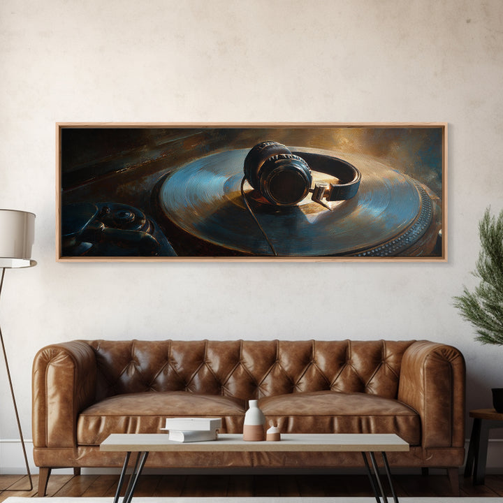 Headphones Around a Glowing Record Canvas Print, Music Studio Art, Gallery Decor, Studio Decor, Fine Art, Rhythm, MSA-3x1-3