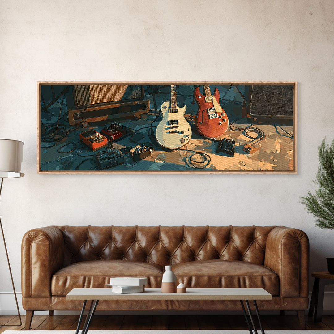 Electric Guitar Pedals and Cables Graphic Art Canvas Print, Music Studio Art, Painting from Photo, Studio Decor, Rhythm, MSA-3x1-37