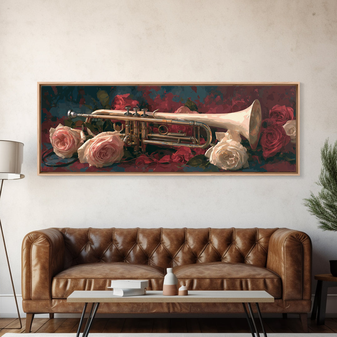 Trumpet and Roses Canvas Print, Music Studio Art, Art Print, Studio Decor, Fine Art, Rhythm, Digital Wall Art, Printable Art, MSA-3x1-48