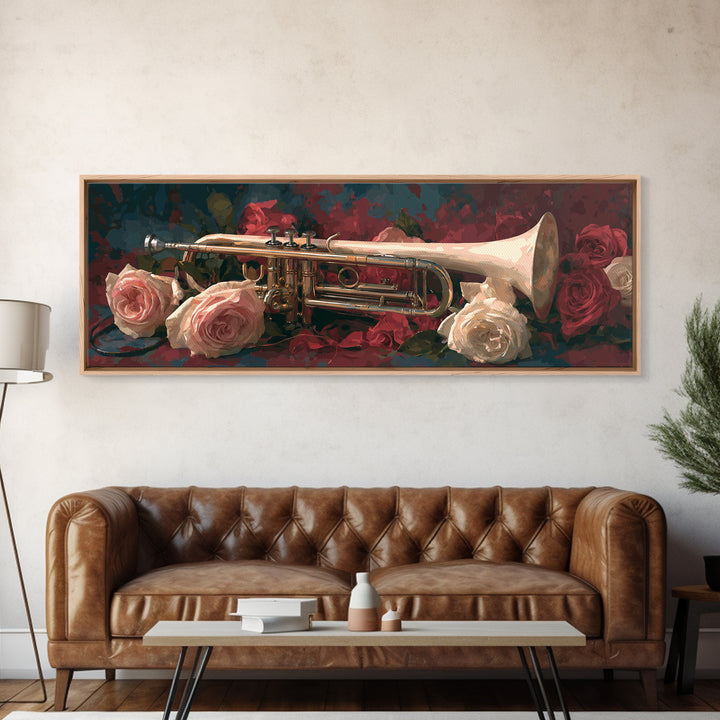 Trumpet and Roses Canvas Print, Music Studio Art, Art Print, Studio Decor, Fine Art, Rhythm, Digital Wall Art, Printable Art, MSA-3x1-48