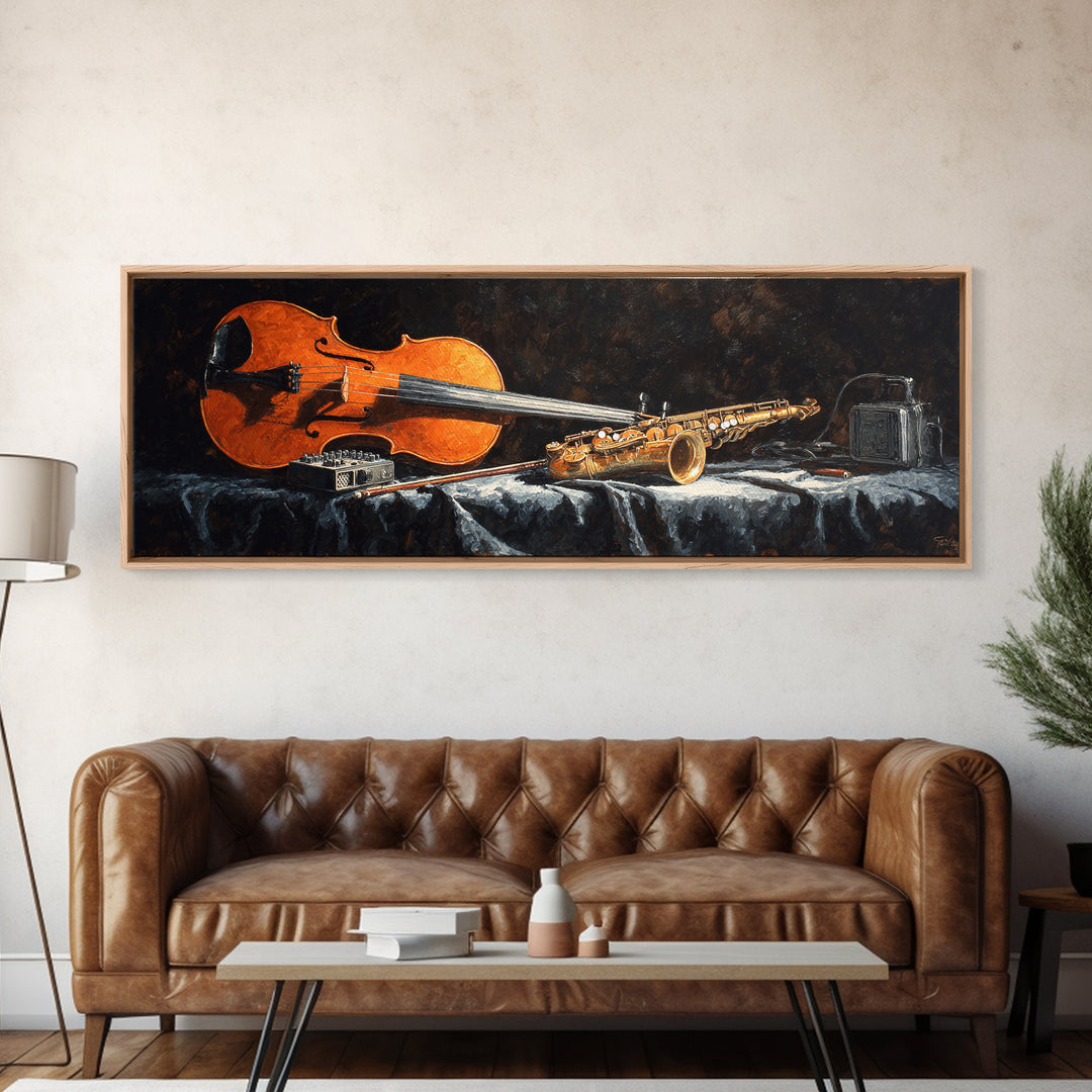 Cello Leaning Against Dark Velvet Backdrop Canvas Print, Music Studio Art, Commission Painting, Studio Decor, Abstract Art, MSA-3x1-49