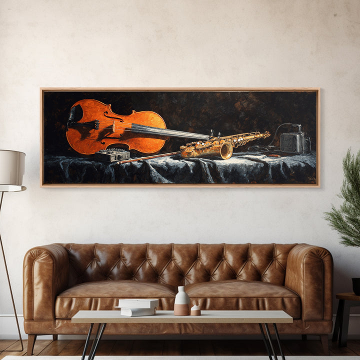 Cello Leaning Against Dark Velvet Backdrop Canvas Print, Music Studio Art, Commission Painting, Studio Decor, Abstract Art, MSA-3x1-49