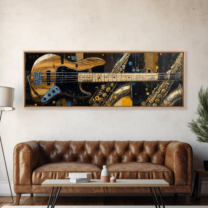 Bass Guitar Closeup Framed Canvas Print, Music Studio Art, Custom Painting, Studio Decor, Watercolor Art, Rhythm, MSA-3x1-5