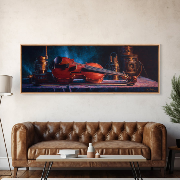 Violin and Bow Framed Canvas Print, Music Studio Art, Textured Painting, Studio Decor, Fine Art, Rhythm, Custom Painting, MSA-3x1-56