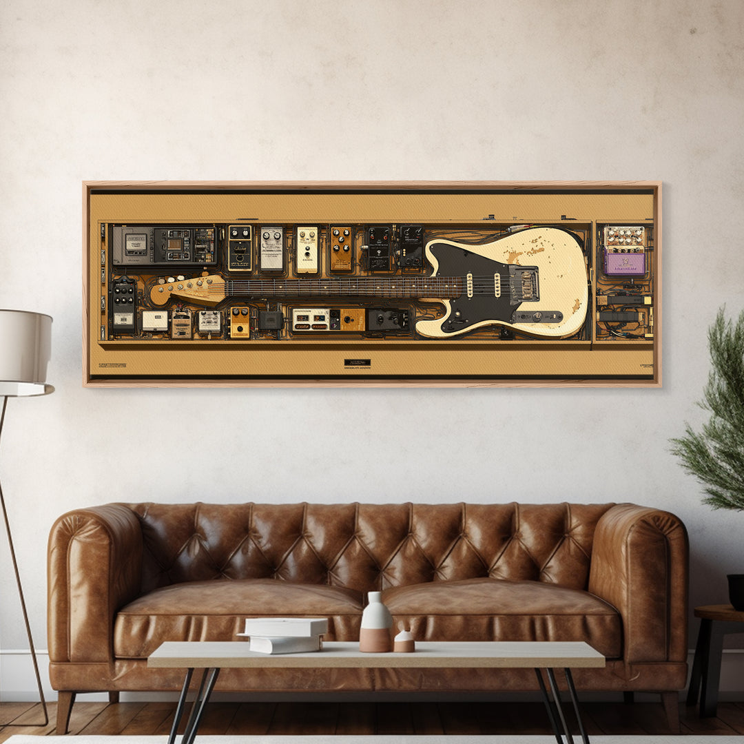 Electric Guitar Pedals and Cables Graphic Art Canvas Print, Music Studio Art, Boho Art, Studio Decor, Oil Painting, Rhythm, MSA-3x1-61