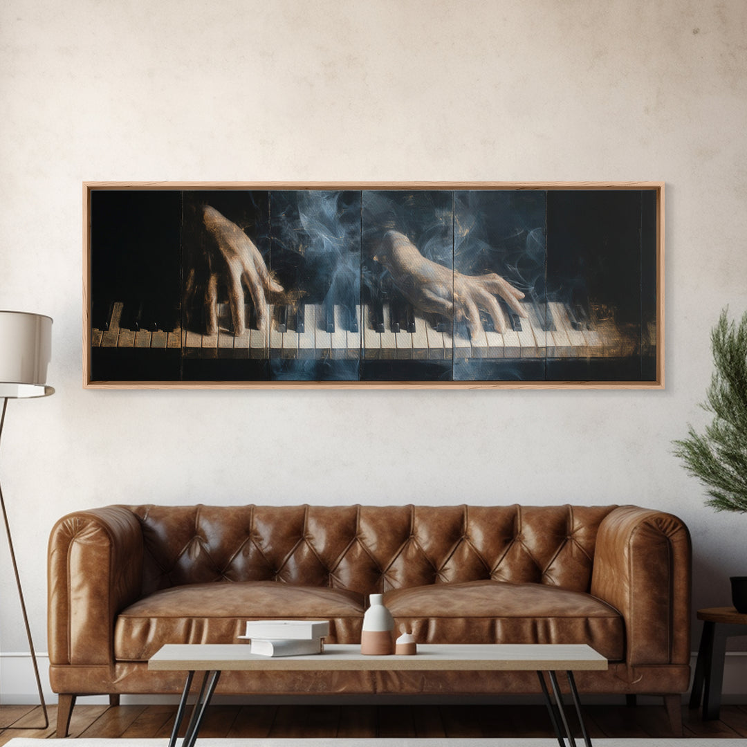 Piano Keys with Hands in Cinematic Shadow Framed Canvas Print, Music Studio Art, Personalized Art, Studio Decor, Rhythm, MSA-3x1-69