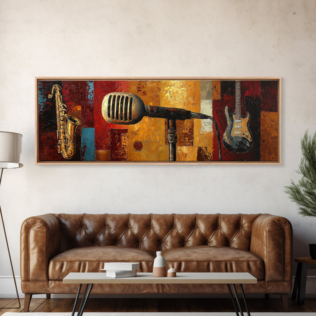 Microphone Portrait with Golden Spotlight Canvas Print, Music Studio Art, Custom Painting, Studio Decor, Fine Art, Rhythm, MSA-3x1-71