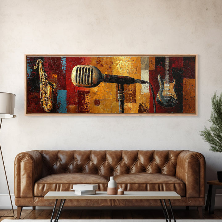 Microphone Portrait with Golden Spotlight Canvas Print, Music Studio Art, Custom Painting, Studio Decor, Fine Art, Rhythm, MSA-3x1-71