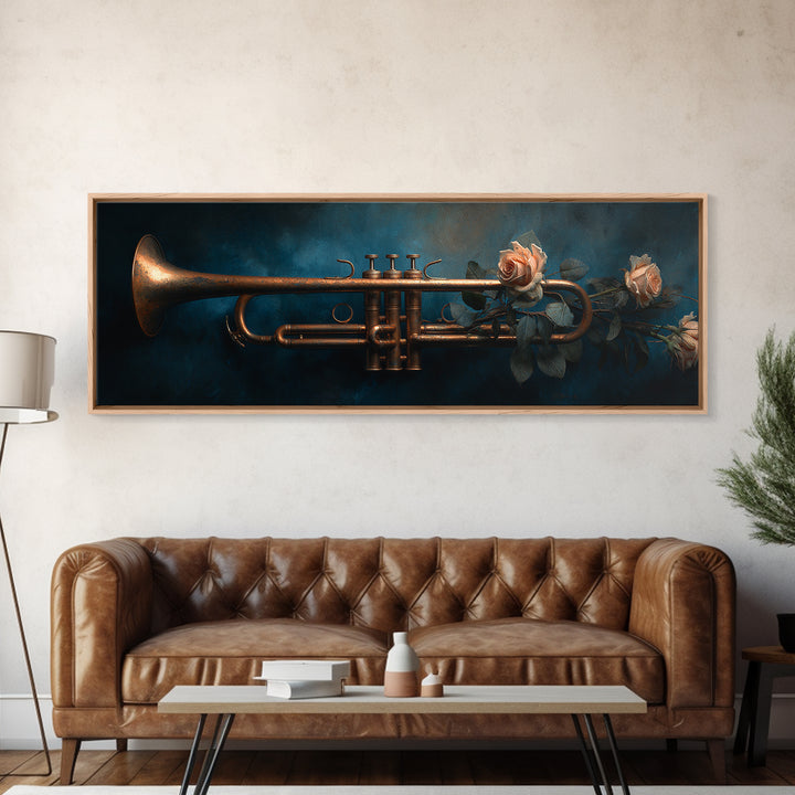Trumpet and Roses Framed Canvas Print, Music Studio Art, Wall Art, Studio Decor, Rhythm, Trendy Wall Art, Music Wall Art, MSA-3x1-72