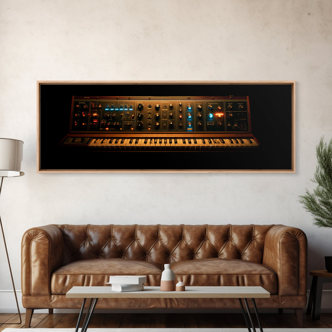 Synthesizer Knobs and Neon Reflections Framed Canvas Print, Music Studio Art, Painting from Photo, Studio Decor, Oil Painting, MSA-3x1-74
