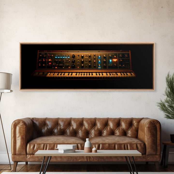 Synthesizer Knobs and Neon Reflections Framed Canvas Print, Music Studio Art, Painting from Photo, Studio Decor, Oil Painting, MSA-3x1-74