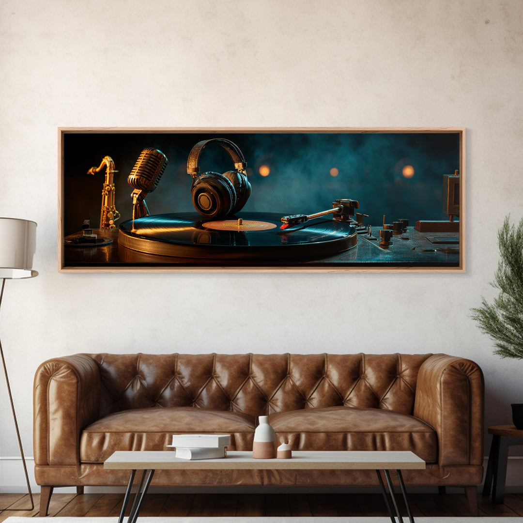 Headphones Around a Glowing Record Canvas Print, Music Studio Art, Modern Wall Art, Studio Decor, Fine Art, Rhythm, Boho Art, MSA-3x1-75