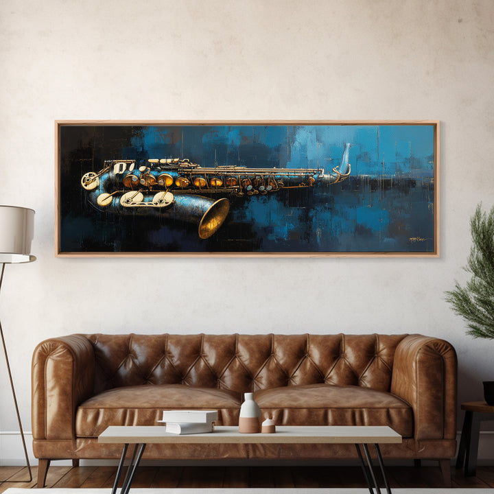 Jazz Saxophone with Smoky Blue Background Framed Canvas Print, Music Studio Art, Music Art, Studio Decor, Fine Art, Rhythm, MSA-3x1-90