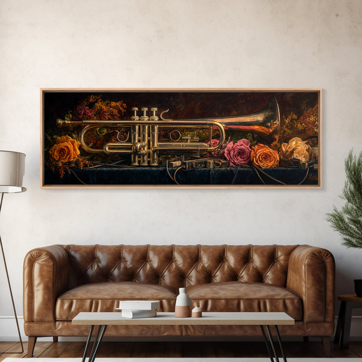 Trumpet and Roses Canvas Print, Music Studio Art, Neutral Decor, Studio Decor, Fine Art, Rhythm, Wall Art, Home Decor, MSA-3x1-96