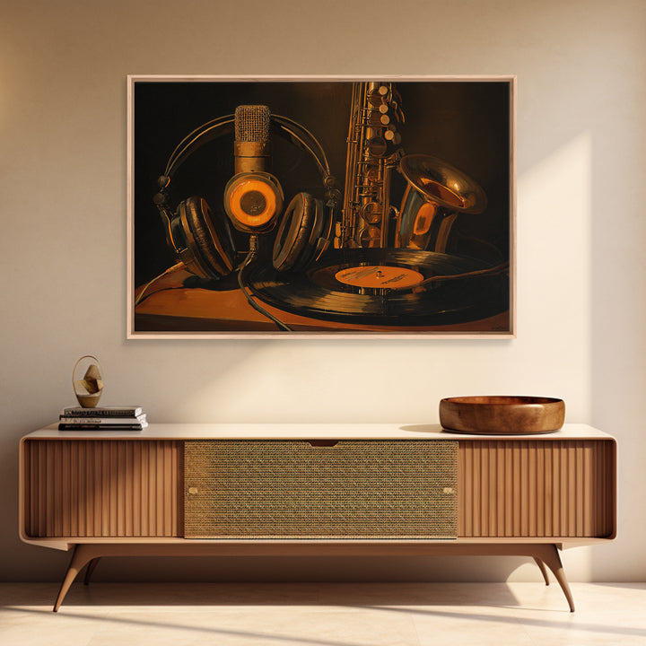 Headphones Around a Glowing Record Framed Canvas Print, Music Studio Art, Custom Painting, Studio Decor, Fine Art, Rhythm, MSA-3x2-15