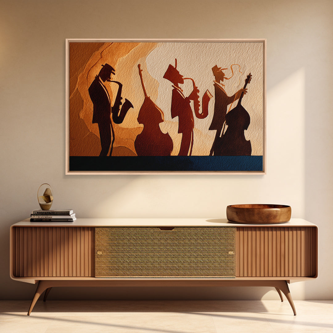 Jazz Quartet Silhouettes Framed Canvas Print, Music Studio Art, Printable Wall Art, Studio Decor, Rhythm, Painting from Photo, MSA-3x2-2