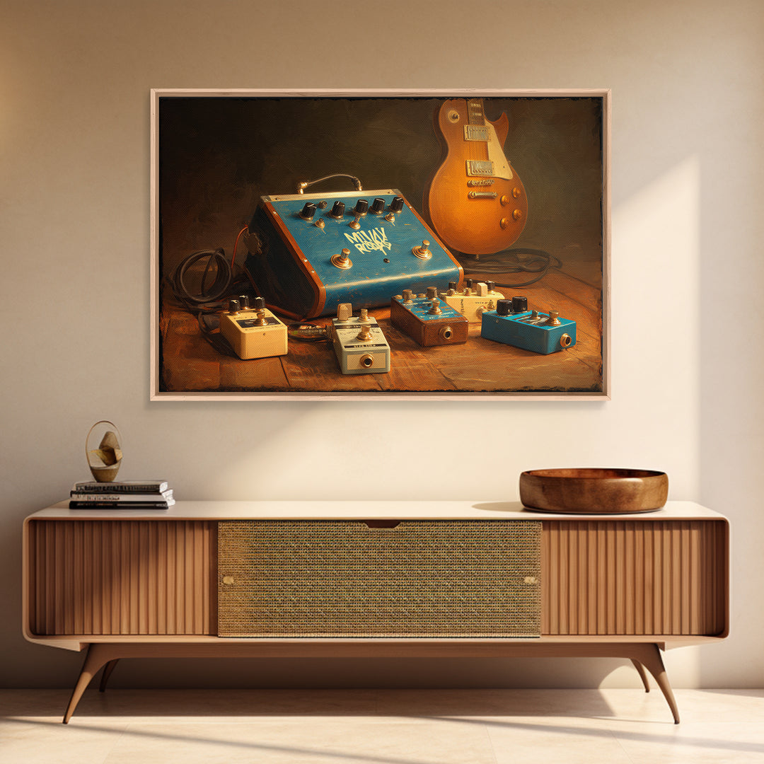 Electric Guitar Pedals and Cables Graphic Art Canvas Print, Music Studio Art, Watercolor Print, Studio Decor, Rhythm, MSA-3x2-25