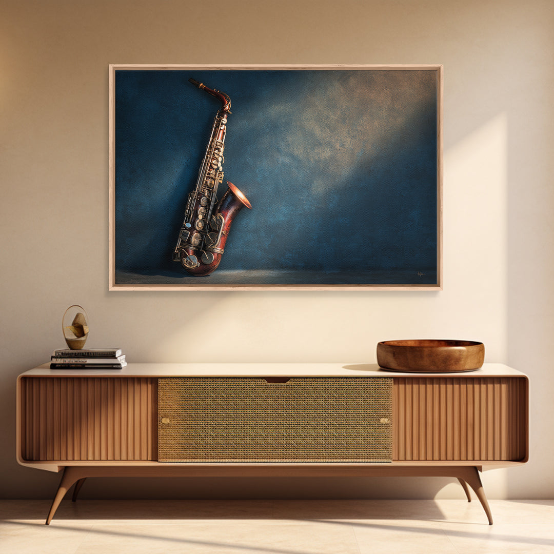Jazz Saxophone with Smoky Blue Background Canvas Print, Music Studio Art, Painting from Photo, Studio Decor, Fine Art, Rhythm, MSA-3x2-30
