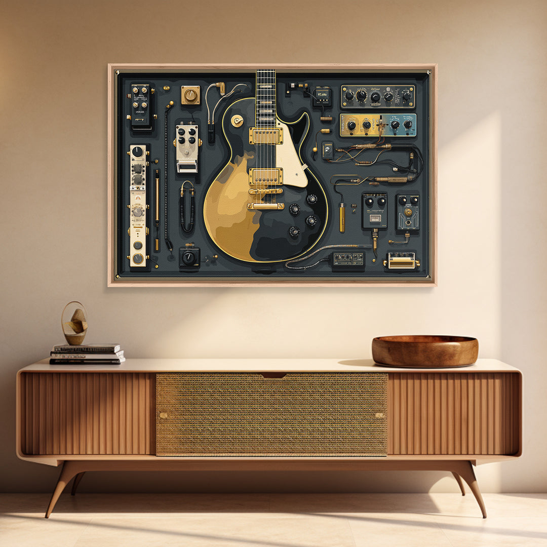 Electric Guitar Pedals and Cables Graphic Art Canvas Print, Music Studio Art, Personalized Art, Studio Decor, Fine Art, Rhythm, MSA-3x2-49