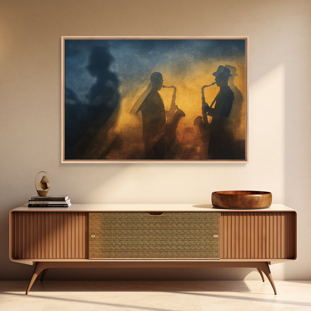 Jazz Quartet Silhouettes Framed Canvas Print, Music Studio Art, Digital Download Art, Studio Decor, Oil Painting, Rhythm, MSA-3x2-50