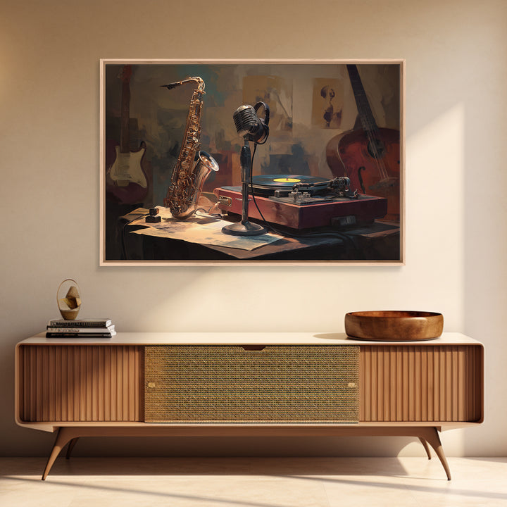 Vinyl Record and Turntable Still Life Framed Canvas Print, Music Studio Art, Music, Studio Decor, Oil Painting, Rhythm, MSA-3x2-55