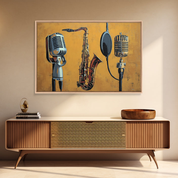 Microphone Portrait with Golden Spotlight Framed Canvas Print, Music Studio Art, Art Print, Studio Decor, Fine Art, Rhythm, MSA-3x2-59