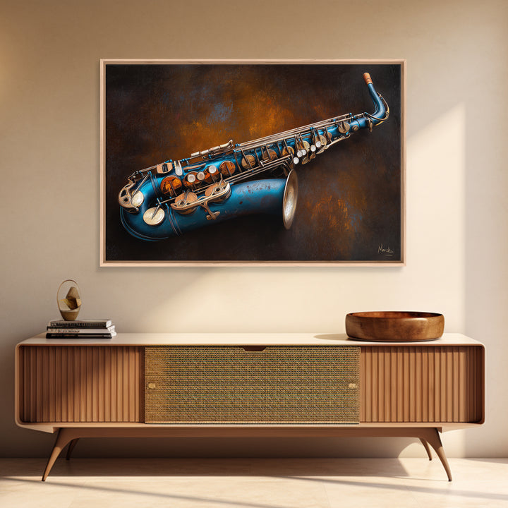 Jazz Saxophone with Smoky Blue Background Framed Canvas Print, Music Studio Art, Scripture Wall Art, Studio Decor, Rhythm, MSA-3x2-6