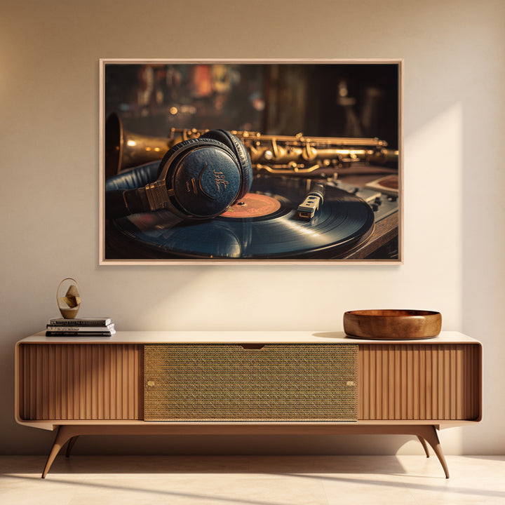 Headphones Around a Glowing Record Framed Canvas Print, Music Studio Art, Scripture Wall Art, Studio Decor, Fine Art, Rhythm, MSA-3x2-63
