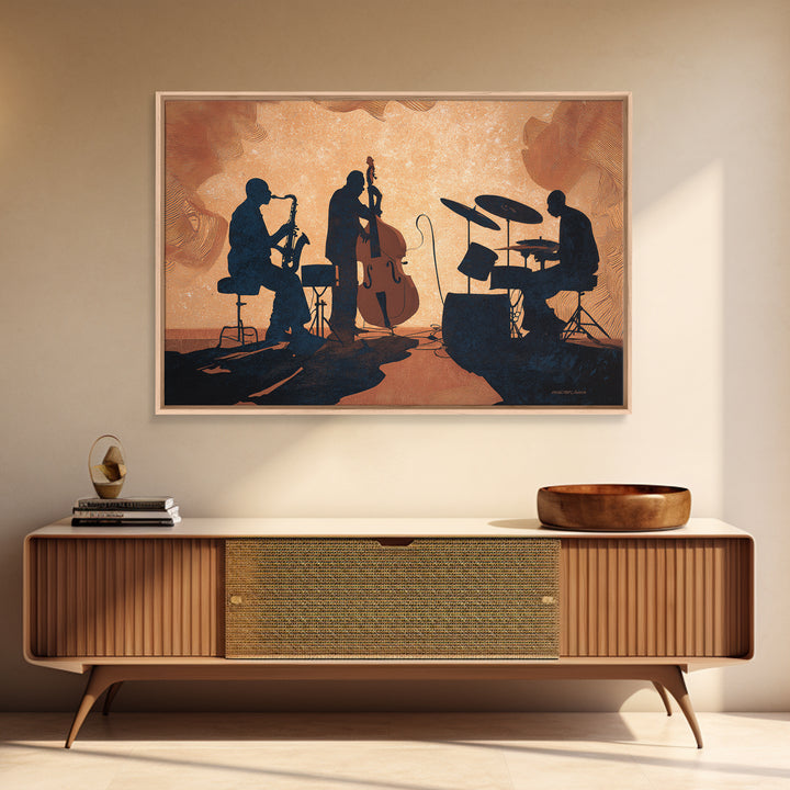 Jazz Quartet Silhouettes Framed Canvas Print, Music Studio Art, Digital Download Art, Studio Decor, Oil Painting, Rhythm, MSA-3x2-74