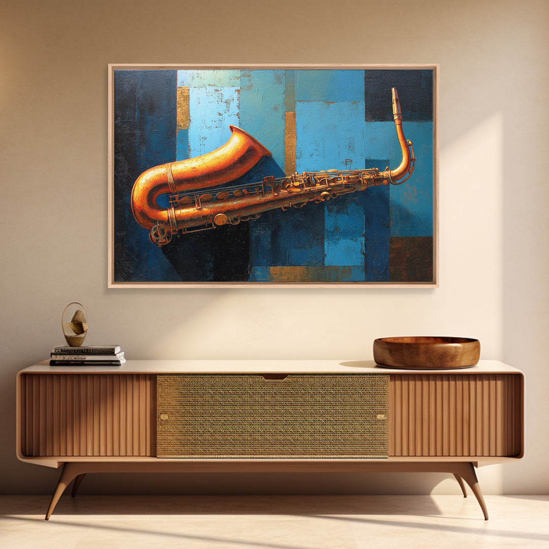 Jazz Saxophone with Smoky Blue Background Framed Canvas Print, Music Studio Art, Boho Art, Studio Decor, Fine Art, Rhythm, MSA-3x2-78