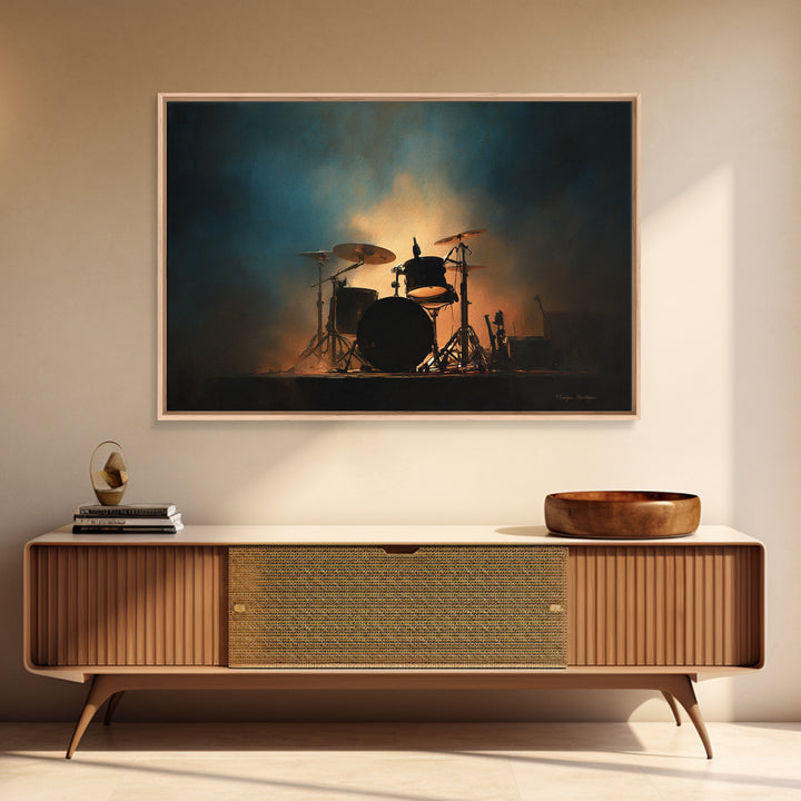 Drum Kit Silhouette Framed Canvas Print, Music Studio Art, Travel Wall Art, Studio Decor, Oil Painting, Rhythm, Boho Decor, MSA-3x2-82