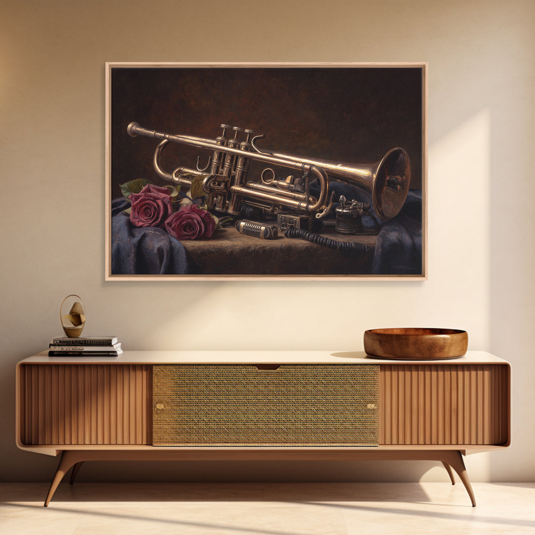 Trumpet and Roses Canvas Print, Music Studio Art, Boho Decor, Studio Decor, Fine Art, Rhythm, Metal Wall Art, MSA-3x2-84