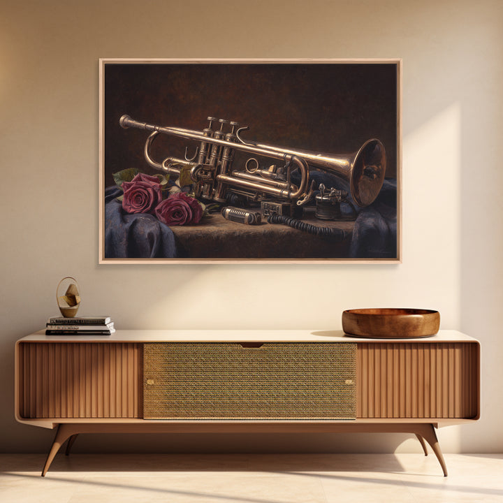 Trumpet and Roses Canvas Print, Music Studio Art, Boho Decor, Studio Decor, Fine Art, Rhythm, Metal Wall Art, MSA-3x2-84