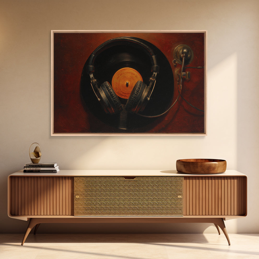 Headphones Around a Glowing Record Framed Canvas Print, Music Studio Art, Fine Art Print, Studio Decor, Fine Art, Rhythm, MSA-3x2-87