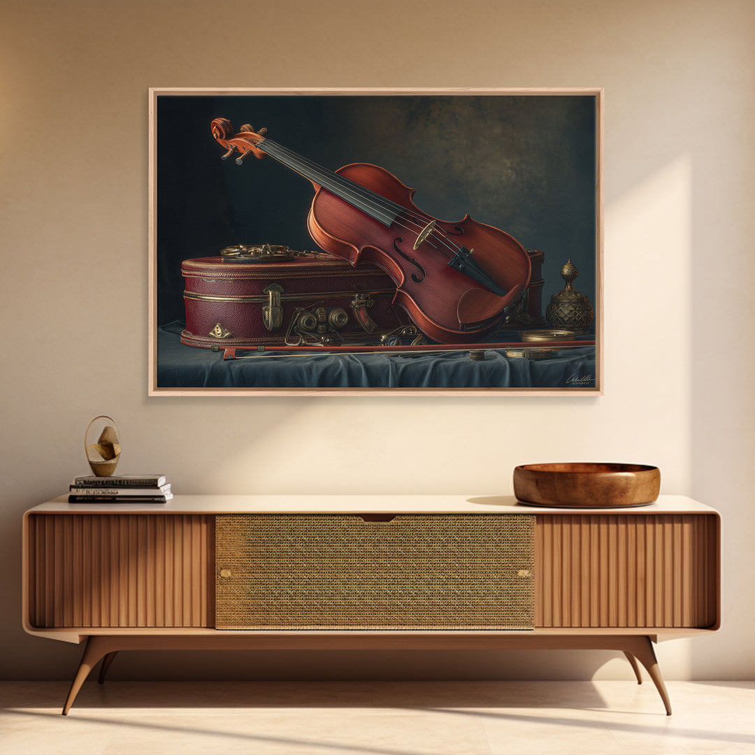 Violin and Bow Framed Canvas Print, Music Studio Art, Luxury Decor, Studio Decor, Rhythm, Art Commission, Digital Wall Art, MSA-3x2-92